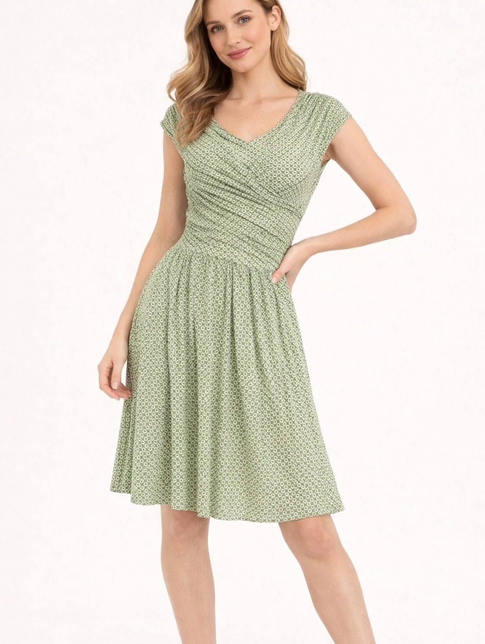 Vtg CHARTER CLUB Spring Green Geometric Surplice Dress